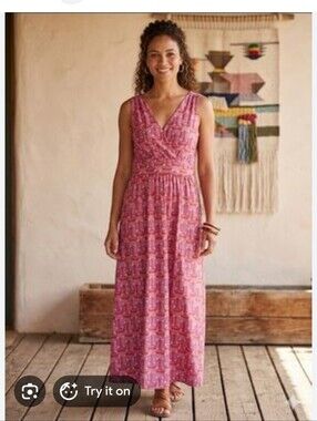 Garnet Hill Pink Printed V-Neck Sleeveless Maxi Dress